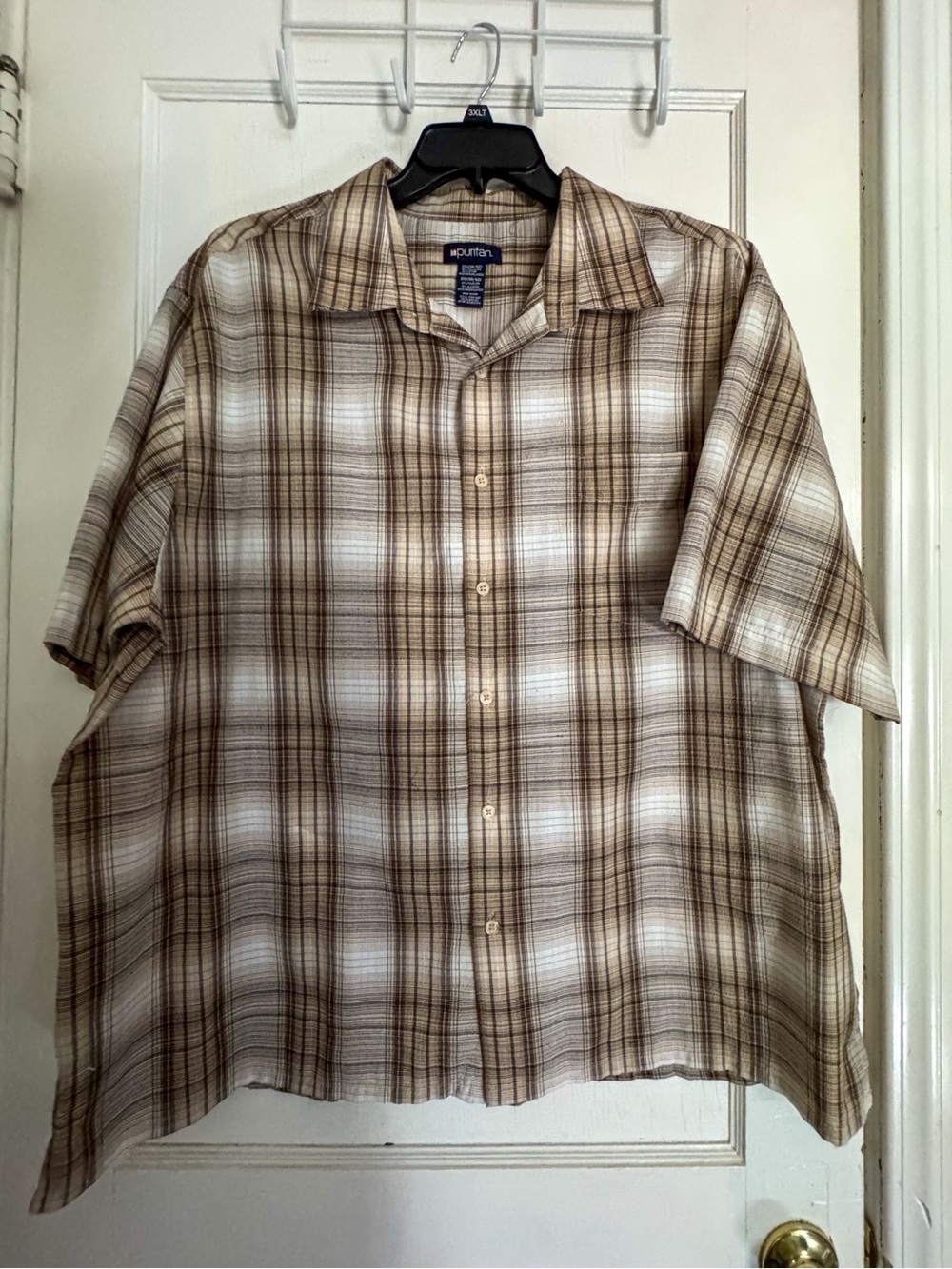Puritan Mens 2XL Plaid Button Down Shirt Brown Tan Short Sleeve Casual Top 2XG